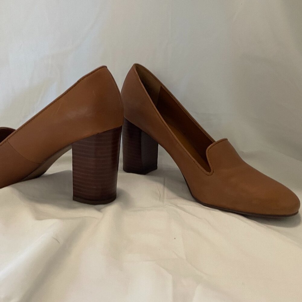 Franco Sarto Cognac/Tan Leather Heeled Loafers with Stacked Block Heel